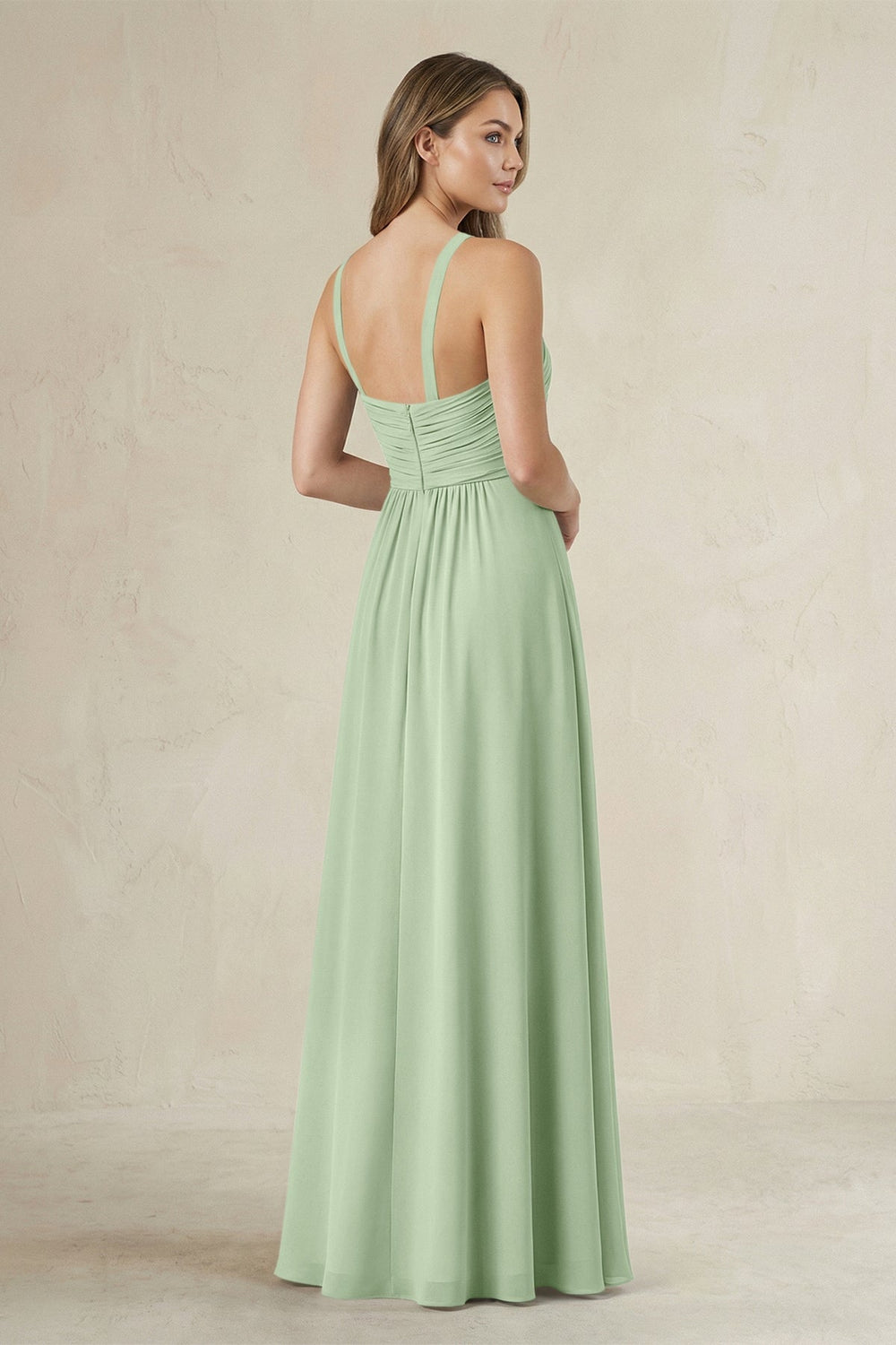 Cross Halter A - Line Pleated Bridesmaid Dress in Sage - KISS BRIDAL Bridesmaid Dresses
