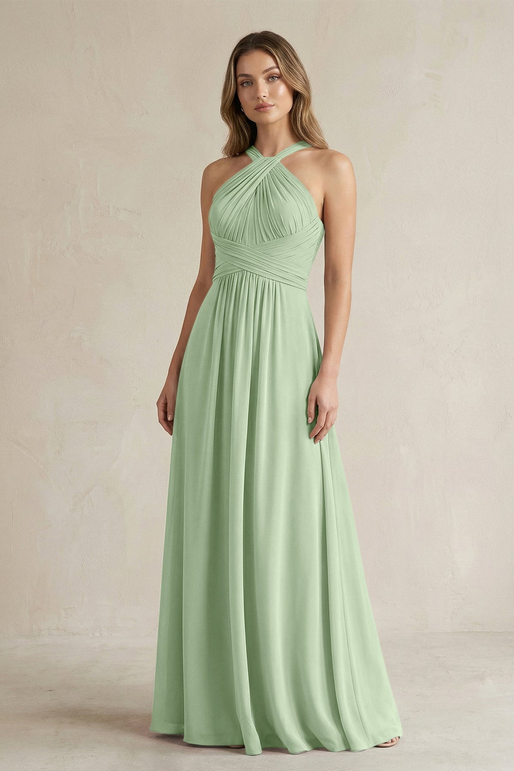 Cross Halter A - Line Pleated Bridesmaid Dress in Sage - KISS BRIDAL Bridesmaid Dresses