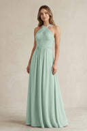 Cross Halter A-Line Pleated Bridesmaid Dress in Sage | KISSBRIDAL