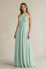Cross Halter A-Line Pleated Bridesmaid Dress in Sage | KISSBRIDAL