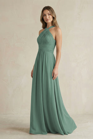 Cross Halter A-Line Pleated Bridesmaid Dress in Sea Glass (3) | KISSBRIDAL