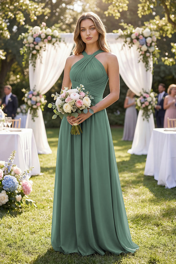 Cross Halter A-Line Pleated Bridesmaid Dress in Sea Glass (4) | KISSBRIDAL