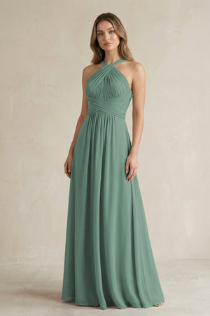 Cross Halter A-Line Pleated Bridesmaid Dress in Sea Glass | KISSBRIDAL