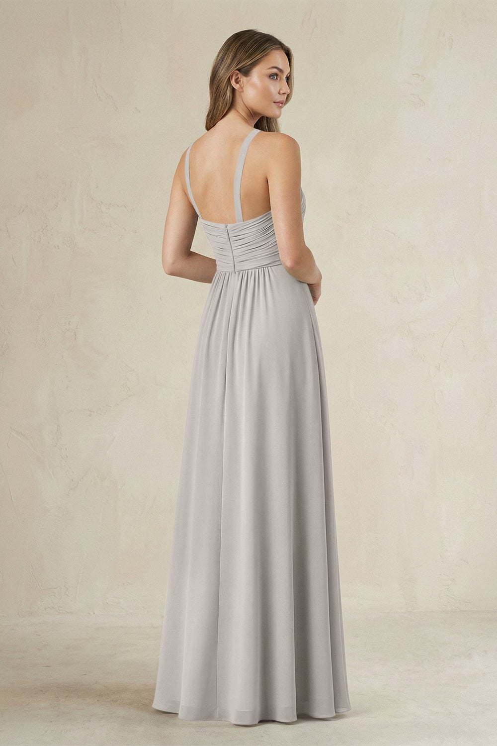 Cross Halter A - Line Pleated Bridesmaid Dress in Silver - KISS BRIDAL Bridesmaid Dresses