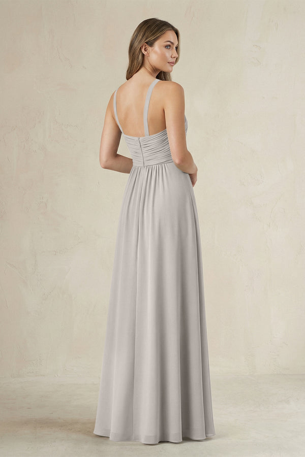 Cross Halter A - Line Pleated Bridesmaid Dress in Silver - SHE IS ME Bridesmaid Dresses