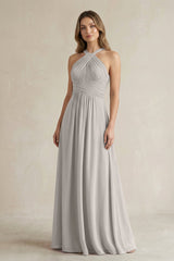 Cross Halter A - Line Pleated Bridesmaid Dress in Silver - KISS BRIDAL Bridesmaid Dresses