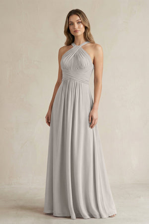 Cross Halter A - Line Pleated Bridesmaid Dress in Silver - SHE IS ME Bridesmaid Dresses