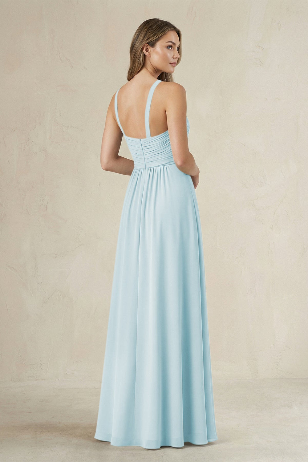 Cross Halter A - Line Pleated Bridesmaid Dress in Sky Blue - KISS BRIDAL Bridesmaid Dresses