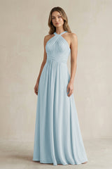 Cross Halter A-Line Pleated Bridesmaid Dress in Sky Blue | KISSBRIDAL
