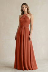 Cross Halter A - Line Pleated Bridesmaid Dress in Spice - KISS BRIDAL Bridesmaid Dresses