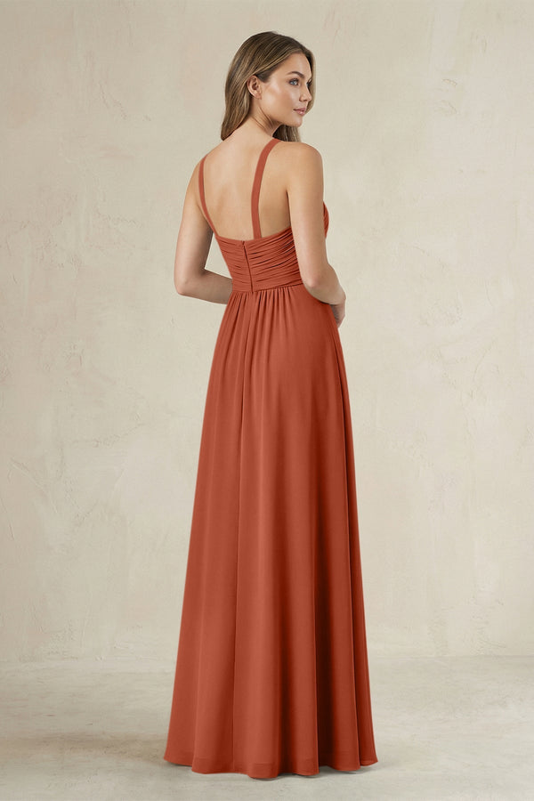 Cross Halter A - Line Pleated Bridesmaid Dress in Spice - SHE IS ME Bridesmaid Dresses