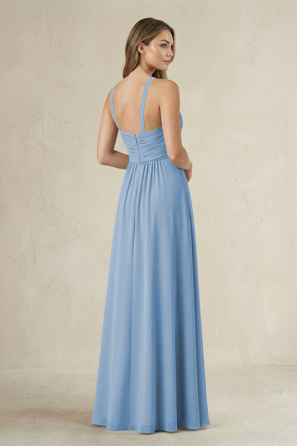 Cross Halter A-Line Pleated Bridesmaid Dress in Steel Blue