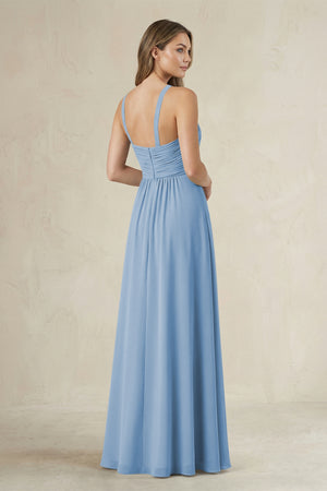 Cross Halter A-Line Pleated Bridesmaid Dress in Steel Blue (2) | KISSBRIDAL