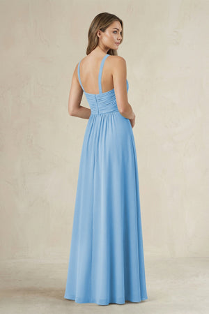 Cross Halter A - Line Pleated Bridesmaid Dress in Steel Blue - SHE IS ME Bridesmaid Dresses