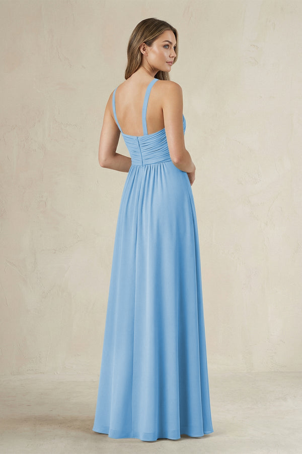 Cross Halter A - Line Pleated Bridesmaid Dress in Steel Blue - SHE IS ME Bridesmaid Dresses