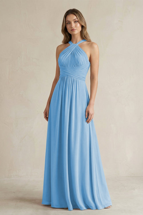 Cross Halter A - Line Pleated Bridesmaid Dress in Steel Blue - SHE IS ME Bridesmaid Dresses