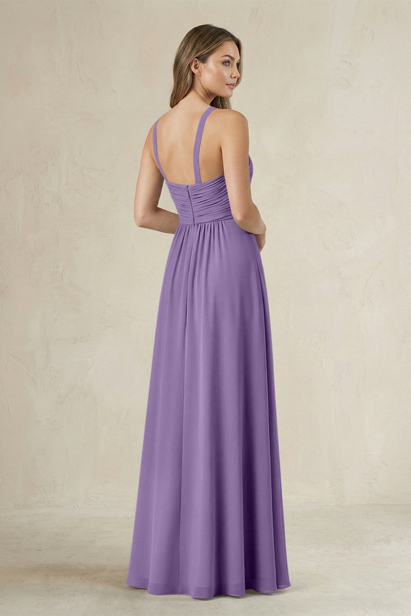 Cross Halter A - Line Pleated Bridesmaid Dress in Tahiti - SHE IS ME Bridesmaid Dresses