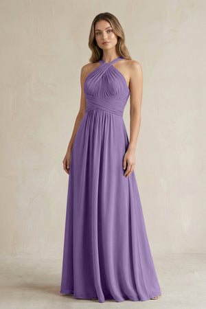 Cross Halter A - Line Pleated Bridesmaid Dress in Tahiti - SHE IS ME Bridesmaid Dresses