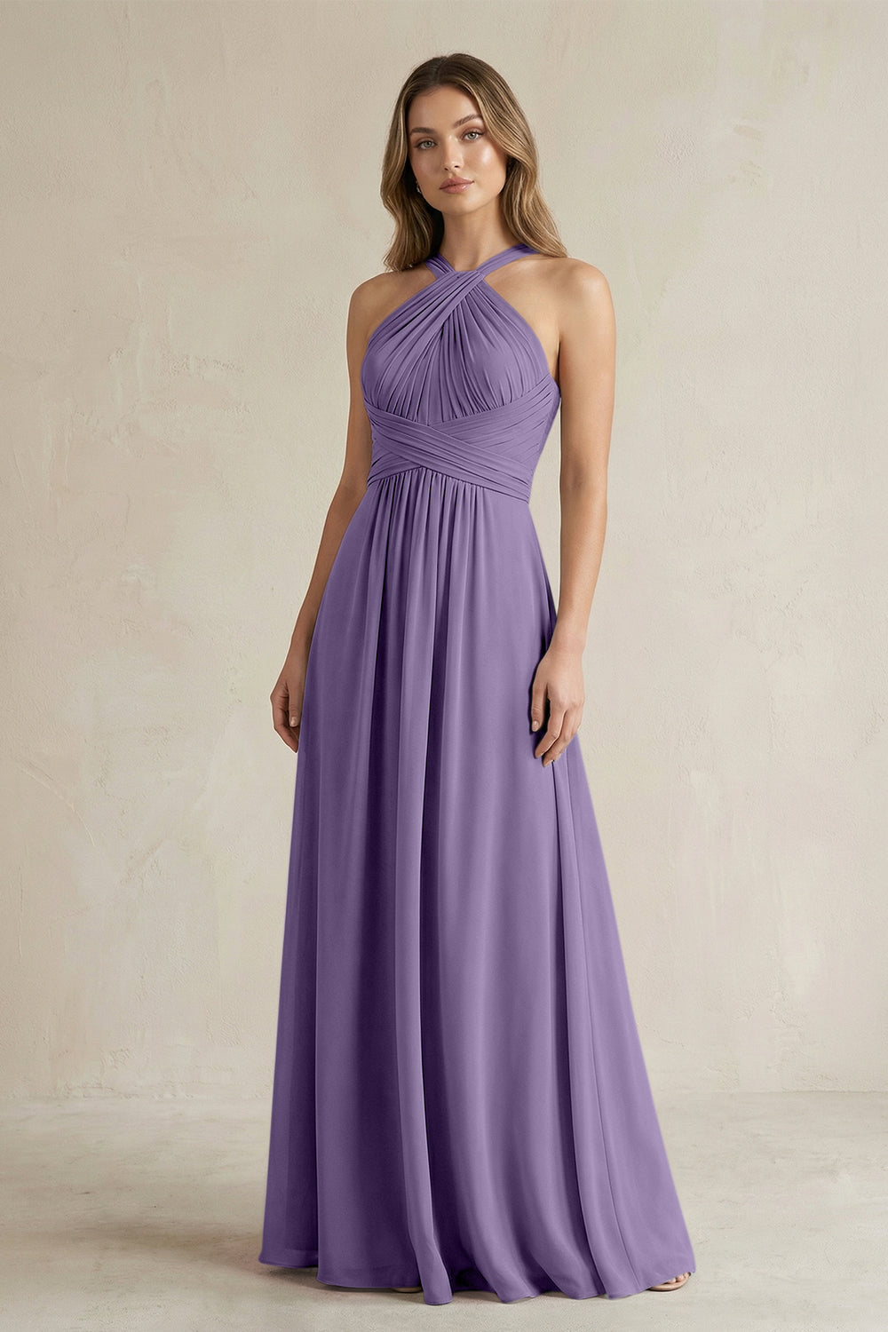 Cross Halter A-Line Pleated Bridesmaid Dress in Tahiti