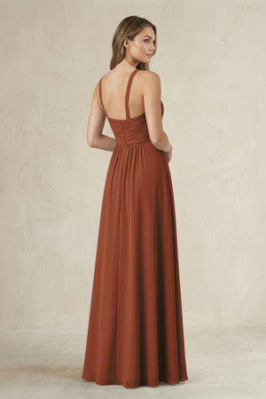Cross Halter A-Line Pleated Bridesmaid Dress in Terracotta (2) | KISSBRIDAL