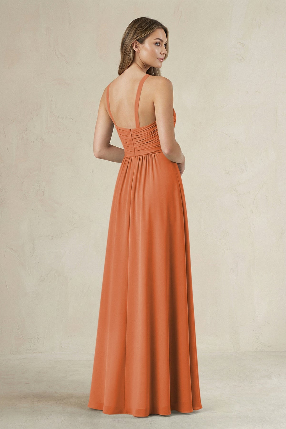 Cross Halter A - Line Pleated Bridesmaid Dress in Terracotta - KISS BRIDAL Bridesmaid Dresses