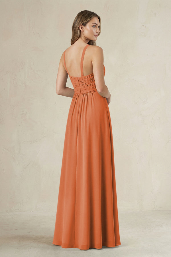Cross Halter A - Line Pleated Bridesmaid Dress in Terracotta - SHE IS ME Bridesmaid Dresses