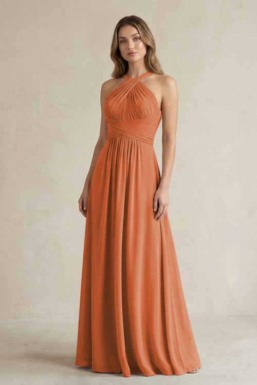 Cross Halter A - Line Pleated Bridesmaid Dress in Terracotta - SHE IS ME Bridesmaid Dresses