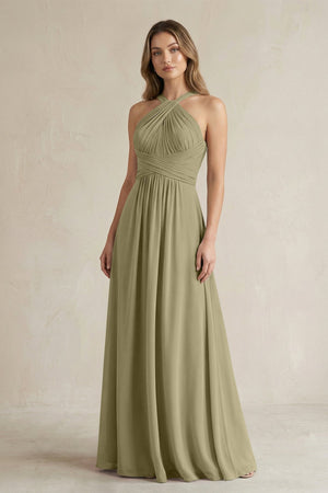 Cross Halter A - Line Pleated Bridesmaid Dress in Thyme - SHE IS ME Bridesmaid Dresses