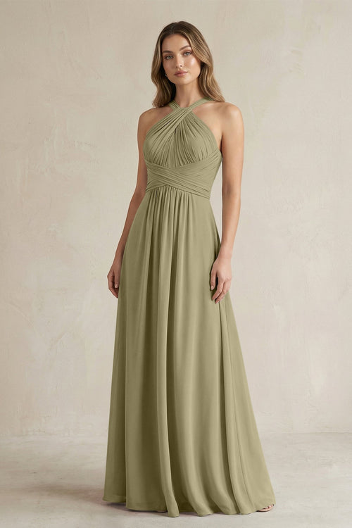 Cross Halter A - Line Pleated Bridesmaid Dress in Thyme - SHE IS ME Bridesmaid Dresses