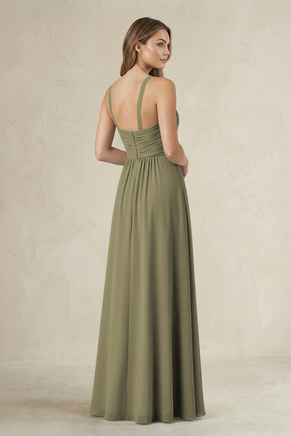 Cross Halter A-Line Pleated Bridesmaid Dress in Thyme