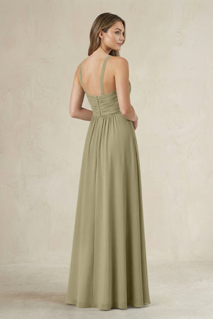 Cross Halter A - Line Pleated Bridesmaid Dress in Thyme - SHE IS ME Bridesmaid Dresses