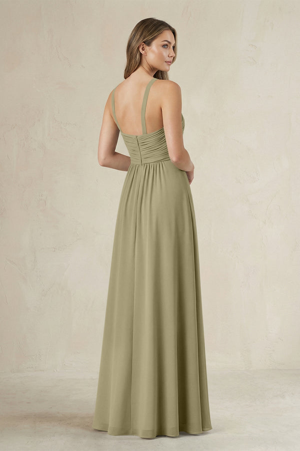Cross Halter A - Line Pleated Bridesmaid Dress in Thyme - SHE IS ME Bridesmaid Dresses