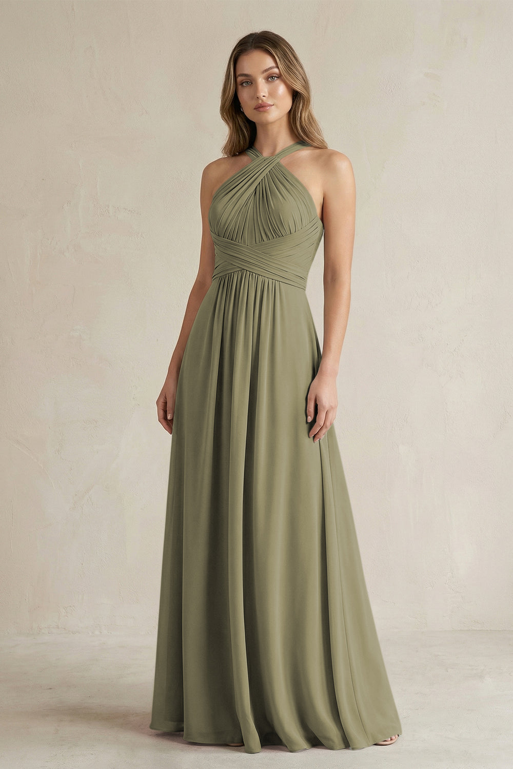 Cross Halter A-Line Pleated Bridesmaid Dress in Thyme