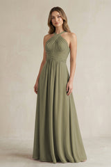 Cross Halter A-Line Pleated Bridesmaid Dress in Thyme | KISSBRIDAL