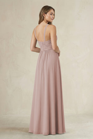 Cross Halter A-Line Pleated Bridesmaid Dress in Toffee (2) | KISSBRIDAL