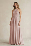 Cross Halter A - Line Pleated Bridesmaid Dress in Toffee - SHE IS ME Bridesmaid Dresses