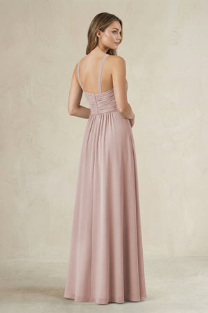 Cross Halter A - Line Pleated Bridesmaid Dress in Toffee - SHE IS ME Bridesmaid Dresses