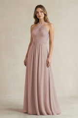 Cross Halter A-Line Pleated Bridesmaid Dress in Toffee | KISSBRIDAL