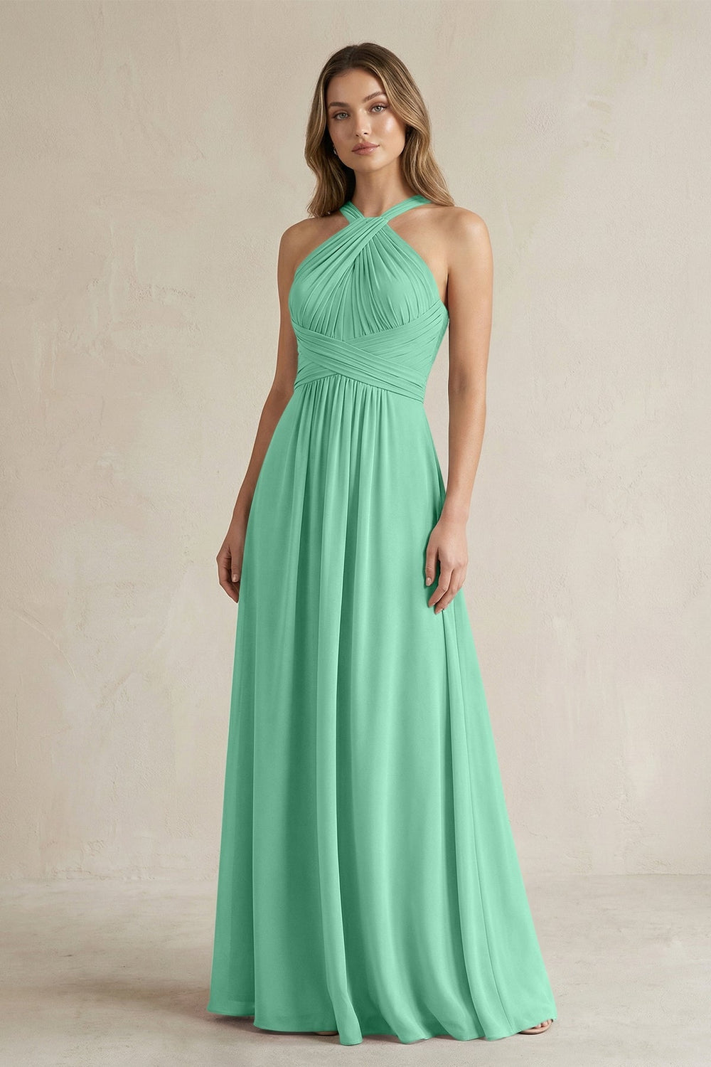 Cross Halter A - Line Pleated Bridesmaid Dress in Turquoise - KISS BRIDAL Bridesmaid Dresses