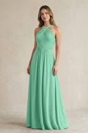 Cross Halter A - Line Pleated Bridesmaid Dress in Turquoise - SHE IS ME Bridesmaid Dresses