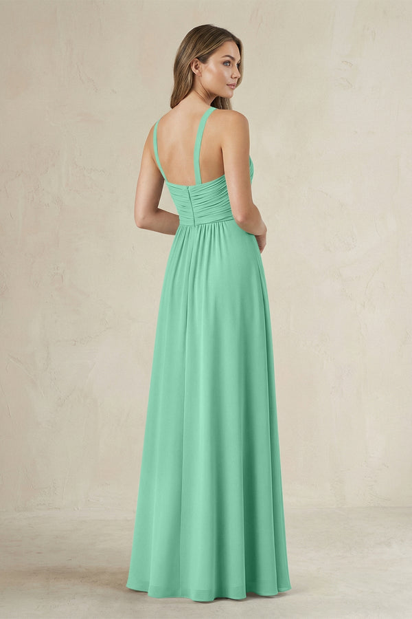 Cross Halter A - Line Pleated Bridesmaid Dress in Turquoise - SHE IS ME Bridesmaid Dresses