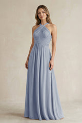 Cross Halter A - Line Pleated Bridesmaid Dress in Twilight - KISS BRIDAL Bridesmaid Dresses