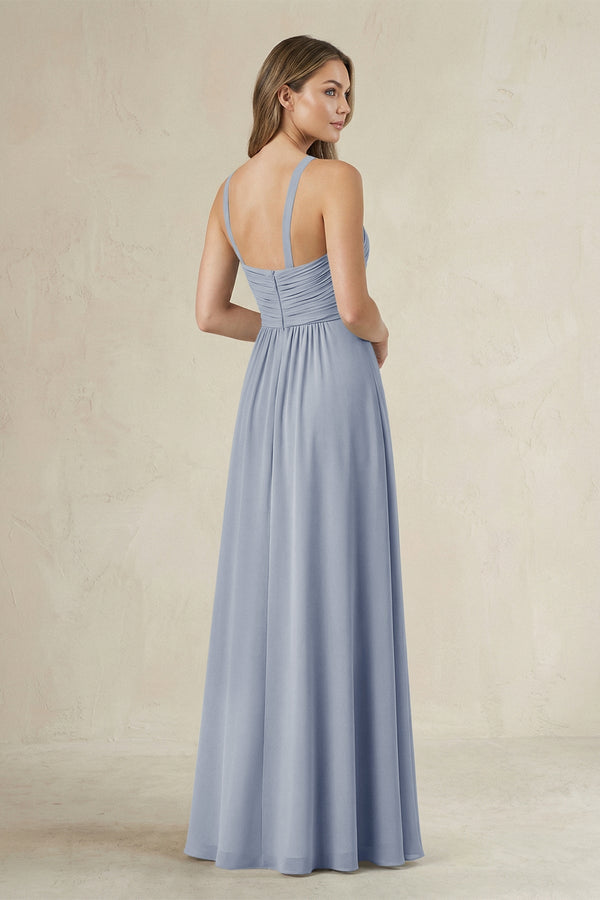 Cross Halter A - Line Pleated Bridesmaid Dress in Twilight - SHE IS ME Bridesmaid Dresses