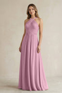 Cross Halter A - Line Pleated Bridesmaid Dress in Vintage Mauve - SHE IS ME Bridesmaid Dresses
