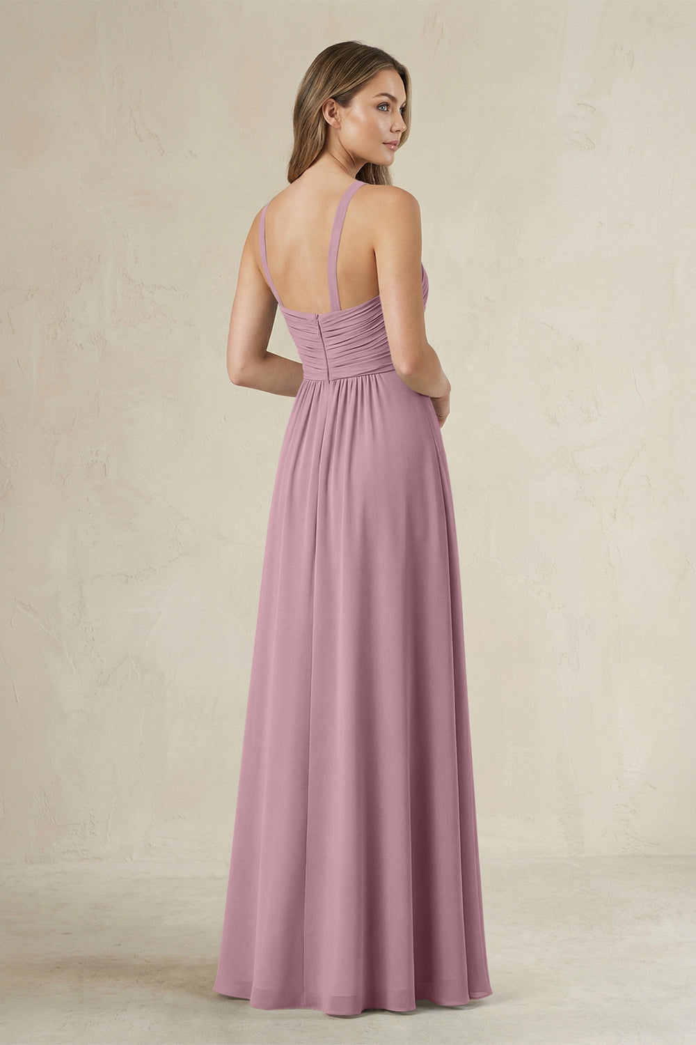 Cross Halter A-Line Pleated Bridesmaid Dress in Vintage Mauve