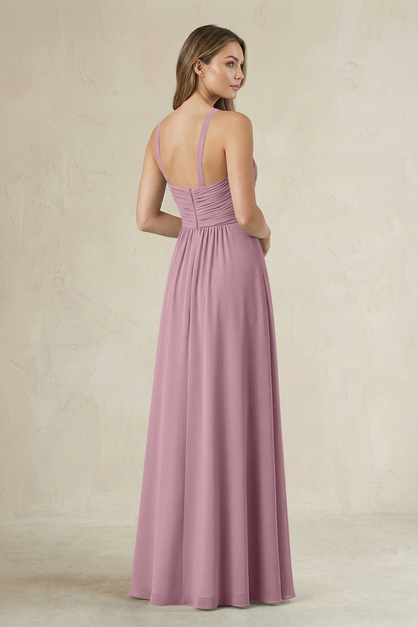 Cross Halter A-Line Pleated Bridesmaid Dress in Vintage Mauve (2) | KISSBRIDAL