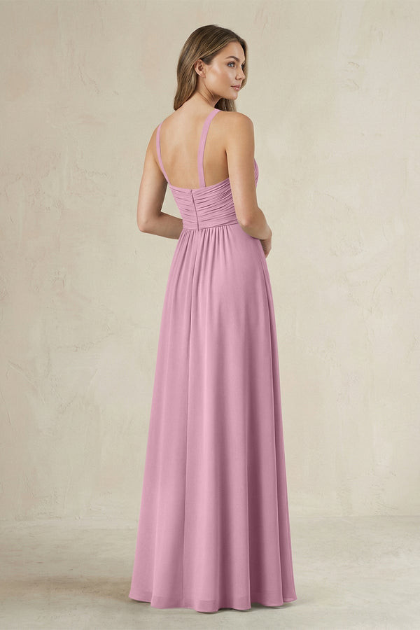 Cross Halter A - Line Pleated Bridesmaid Dress in Vintage Mauve - SHE IS ME Bridesmaid Dresses