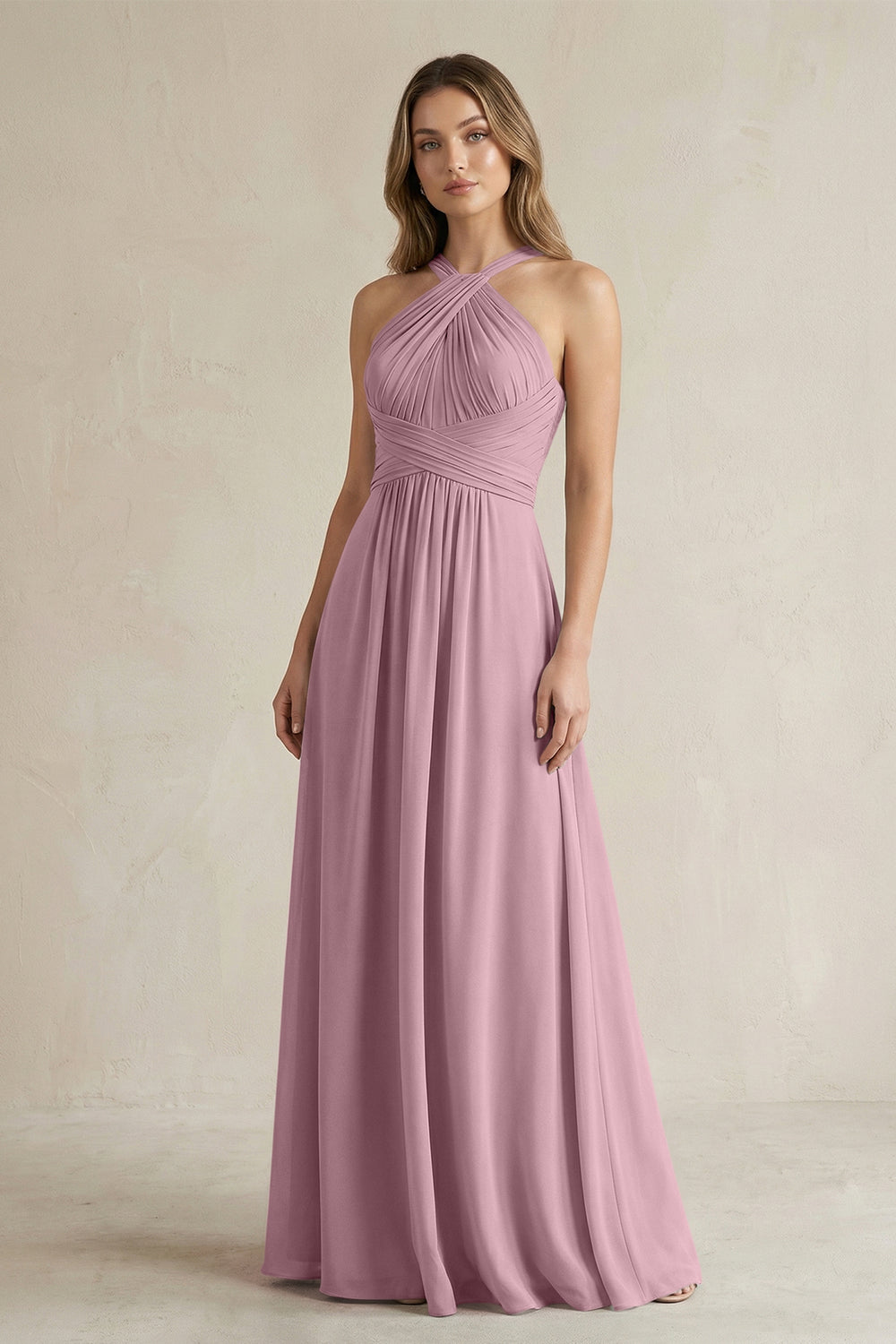 Cross Halter A-Line Pleated Bridesmaid Dress in Vintage Mauve