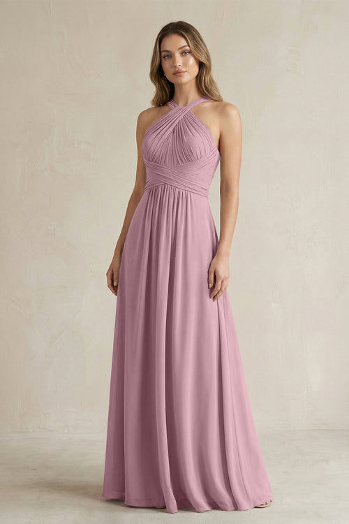 Cross Halter A-Line Pleated Bridesmaid Dress in Vintage Mauve | KISSBRIDAL