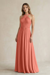 Cross Halter A - Line Pleated Bridesmaid Dress in Wild Rose - KISS BRIDAL Bridesmaid Dresses